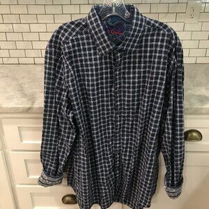 Robert Graham Shirt Mens 2XL Blue Plaid Classic Fit Embroidered Flip Cuff Paisle